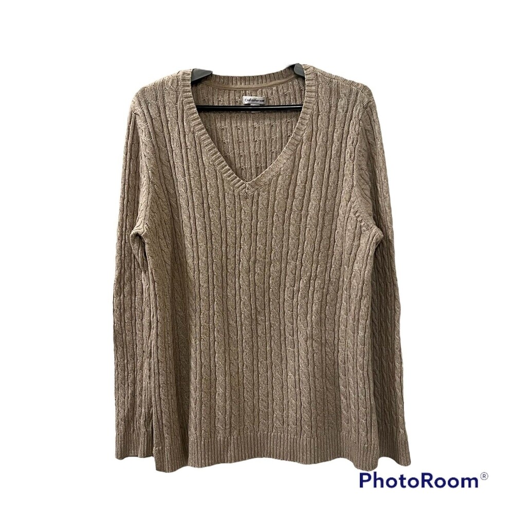 Croft & Barrow Womens Beige Cable Knit Sweater V-Neck Long Sleeve Top Size Large